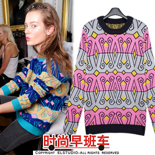 [ANYTIME] 2012 autumn and winter candy color block o-neck long-sleeve all-match pullover sweater female kn717