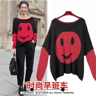 [ANYTIME] 2012 autumn and winter fashion loose fight sleeve smiley plus size sweater female kn400