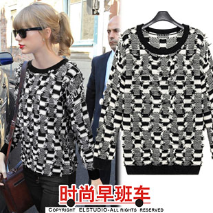 [ANYTIME] 2012 casual all-match tassel decoration black and white color block decoration pullover sweater female kn711