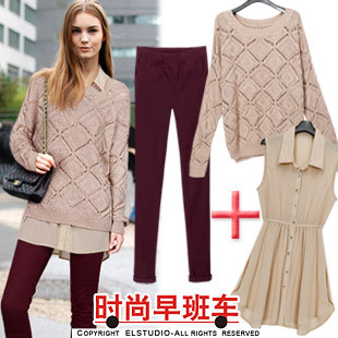 [ANYTIME] 2012 cutout knitted sweater sleeveless chiffon tank dress roll-up hem ankle length trousers kn586