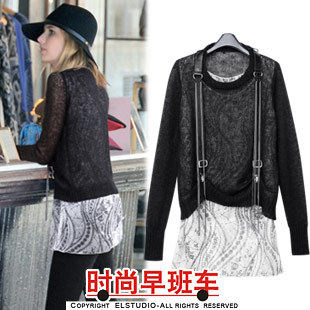 [ANYTIME] 2012 fashion chiffon patchwork sweater cutout perspectivity faux two piece set kn672