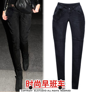 [ANYTIME] 2012 fashion fox fur patchwork elastic water wash jeans harem pants female pt571