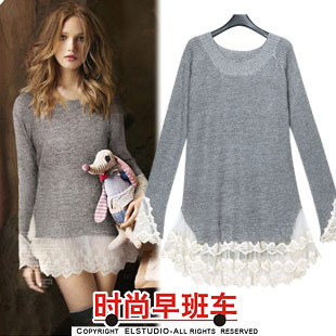 [ANYTIME] 2012 fashion lace patchwork straight knitted pullover long design sweater dress kn618