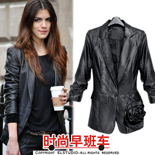 [ANYTIME] 2012 fashion ladies slim big flower water washed leather clothing outerwear one button jk806