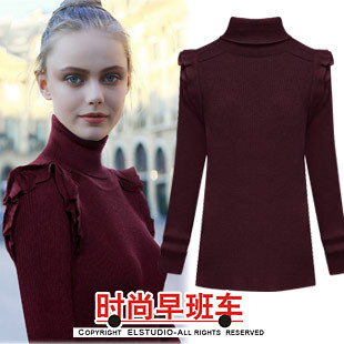 [ANYTIME] 2012 fashion ruffle hem turtleneck slim elastic basic wool sweater female kn691