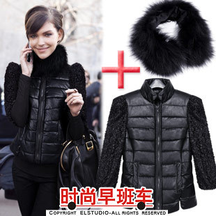 [ANYTIME] 2012 fashion slim PU woolen patchwork cotton-padded jacket outerwear wool collar jk852