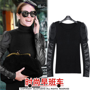 [ANYTIME] 2012 fashion slim turtleneck patchwork puff sleeve all-match basic sweater kn648