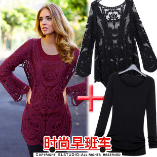 [ANYTIME] 2012 flare sleeve lace shirt slim knitted sweater with belt te1505
