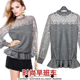 [ANYTIME] 2012 lace crotch lamp perspectivity cage patchwork ruffle hem knitted sweater te1537