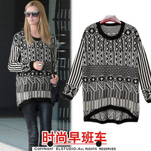 [ANYTIME] 2012 loose casual geometric graphic patterns irregular medium-long sweater female kn703