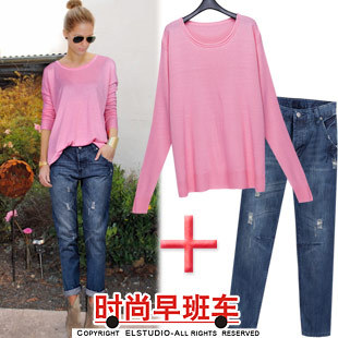 [ANYTIME] 2012 loose casual medium-long knitted pullover sweater hole denim harem pants kn590