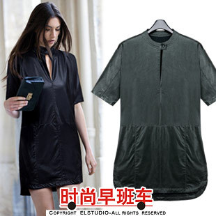 [ANYTIME] 2012 loose casual stand collar leather short skirt short-sleeve dress PU skirt op1393