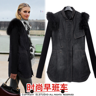 [ANYTIME] 2012 patchwork wool denim overcoat long design fox fur jk838