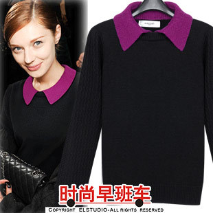 [ANYTIME] 2012 peter pan collar pullover slim patchwork turn-down collar basic shirt sweater kn627