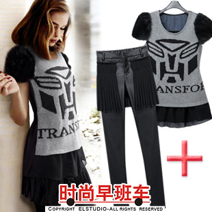 [ANYTIME] 2012 rabbit fur chiffon patchwork slim waist sweater fashion elastic leather pants kn720