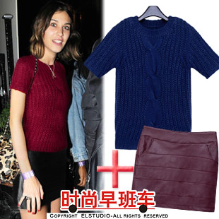 [ANYTIME] 2012 slim short design hemp decorative pattern sweater all-match bag leather skirt kn701