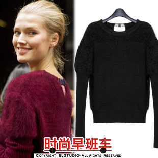 [ANYTIME] 2012 thin marten velvet brief patchwork puff sleeve pullover sweater female kn666