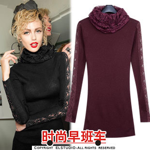[ANYTIME] 2012 turtleneck lace patchwork slim medium-long wool basic shirt sweater kn649