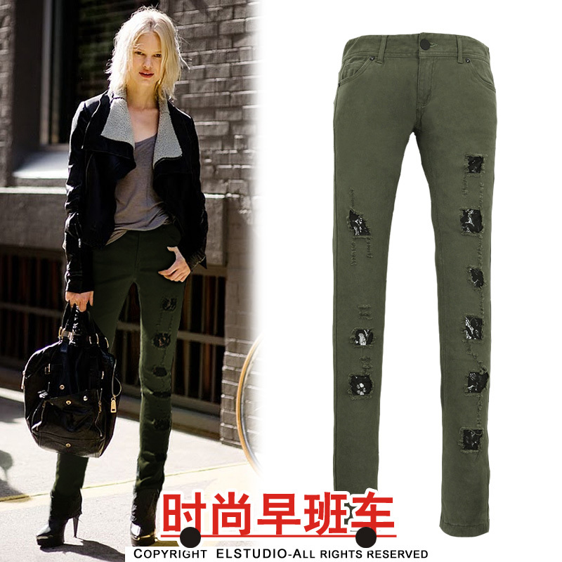 [ANYTIME] Autumn new arrival fashion hole net fabric sanded cotton tight jeans female pt262