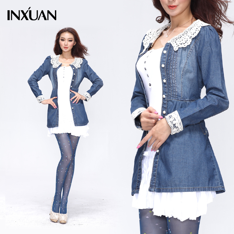 [ANYTIME] Denim outerwear female trench outerwear medium-long skirt spring and autumn outerwear women's lace decoration