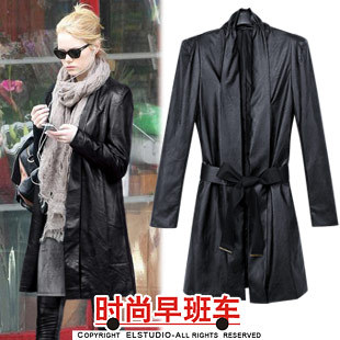 [ANYTIME]  elegant long design leather trench overcoat with belt jk846 -Free Shipping