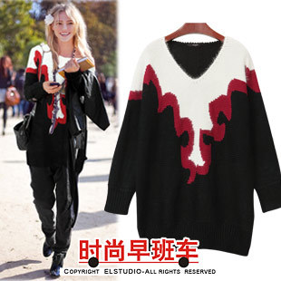 [ANYTIME] Fashion personality plus size V-neck long design wool sweater pullover sweater outerwear kn235