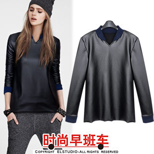 [ANYTIME]  fashion small V-neck faux leather fleece slim pullover t-shirt long-sleeve te1481 -Free Shipping