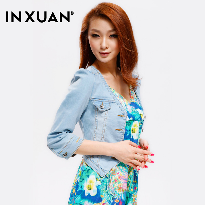 [ANYTIME] Short design denim outerwear female three quarter sleeve top half sleeve coat 2013 spring
