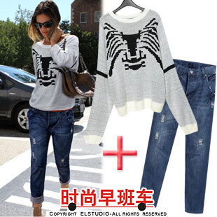 [ANYTIME] Twinset double knitted loose casual pullover sweater fashion hole denim harem pants kn536