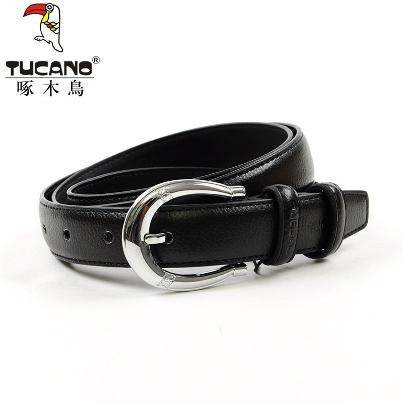 [ANYTIME] Woodpecker belt female genuine leather all-match women's cowhide strap black fashion thin belt pin buckle