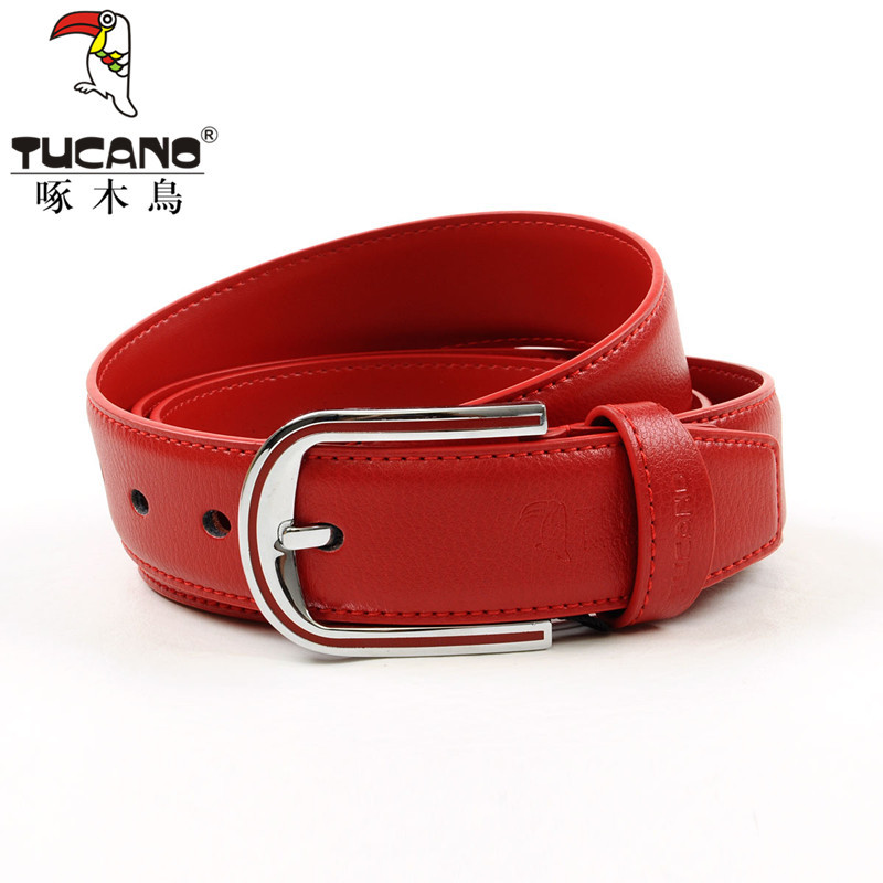 [ANYTIME] Woodpecker belt female genuine leather women's strap fashion women's pin buckle strap all-match red