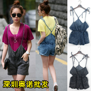 Aonuo summer female elastic waist denim bib pants spaghetti strap denim shorts