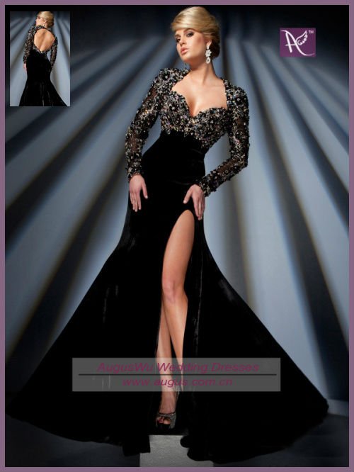 APB0453 APB0481 Luxury Hand Beaded Queen Anne Neckline Open Back Black Velvet Long Sleeve Evening Dress