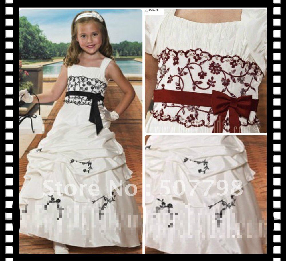 Appliques Lace White Ruched Taffeta Formal Flower Girl Dress Floor Length Girl's Party Dresses 2-10