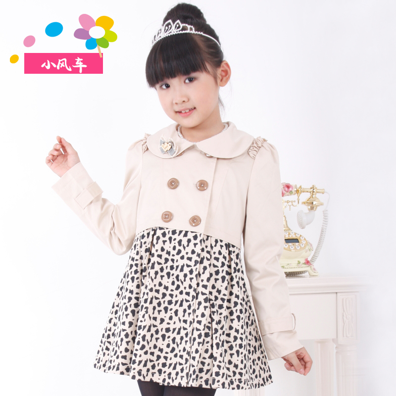 Apricot colorant match leopard print double breasted female child trench child outerwear spring and autumn 2013