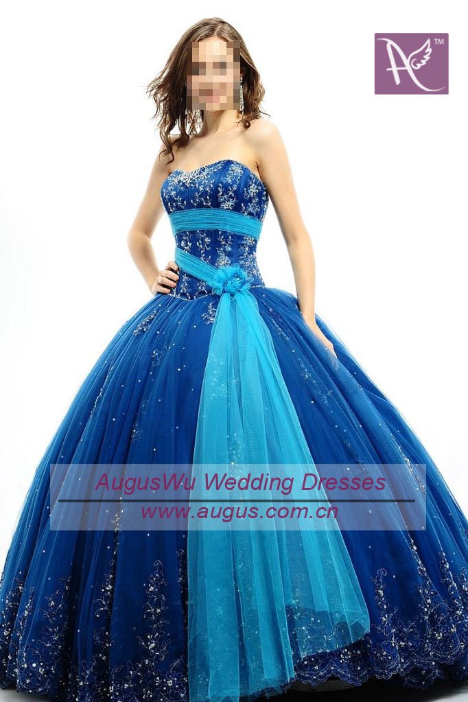AQB068 Beautiful Royal Blue Beaded Tulle With Turquoise Sash Quinceanera Dresses