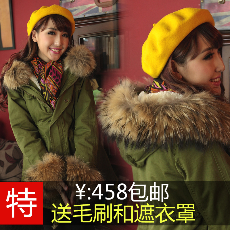 Army Green medium-long cotton overcoat berber fleece cotton-padded jacket outerwear female raccoon large fur collar wadded