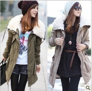 Army Green tooling berber fleece thickening large lapel medium-long wadded jacket overcoat outerwear