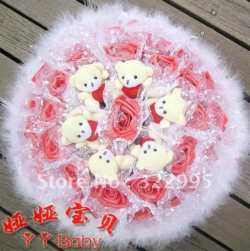 Artificial bouquet 30 golden pink rose 6 hold heart bear cartoon bouquet dried flowers fake Toys Bouquets/free shipping X632