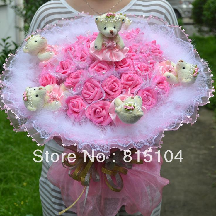 Artificial bouquet 6 Teddy Bear 22 emulation rose cartoon bouquet Christmas Gift Free shipping AS2