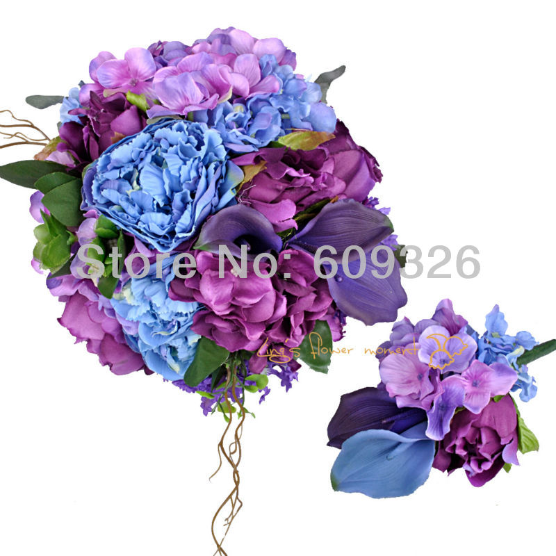 Artificial flowers with lavender, blue and purple wedding flowers bouquet and groom boutonniere