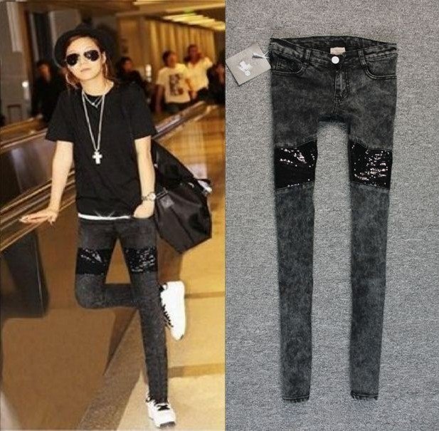 AS-007 Wholesale women boot cut shiny sequins Jeans PENCIL Pants Trousers low waist Denim free shipping