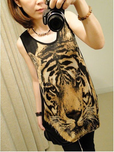 AS-012 fashion Women 2012 black tiger tops chiffon dress T-shirt/Blouse Free Shipping Fast Delivery Best Quality