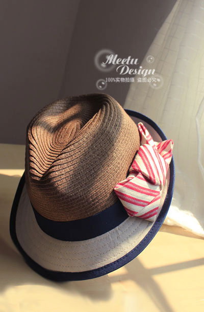 Ashima fashion coffee blue color block stripe bow decoration straw braid fedoras straw hat female