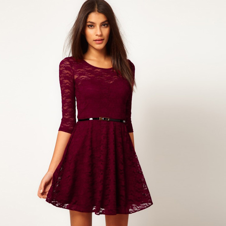 Asos o-neck half sleeve lace one-piece dress with belt A1410