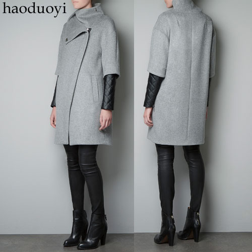 Asymmetrical oblique zipper front fly turtleneck quilting faux leather overcoat double layer sleeve grey woolen trench