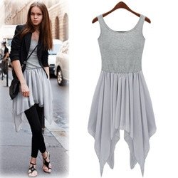 Asymmetrical Peplum Dress Jersey Chiffon Patchwork Flounce Dress Women T-shirts Tees Casual Dress O-neck Ruffles Black Tank Tops