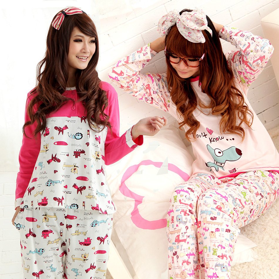 At home service animal cartoon cotton winter long-sleeve women's sleepwear set lounge female sleepwear
