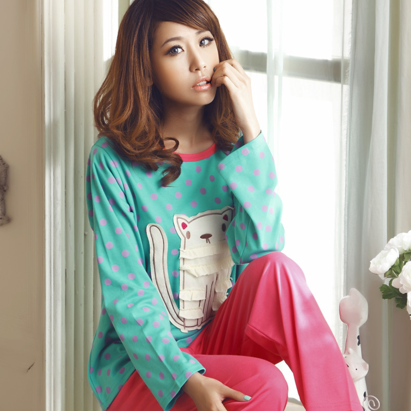 At home service long-sleeve sleepwear female autumn and winter cartoon knitted cotton lounge twinset