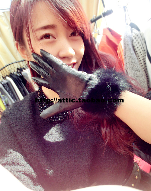 Attic autumn and winter genuine leather ultra soft sheepskin hairy ring fashion leather gloves